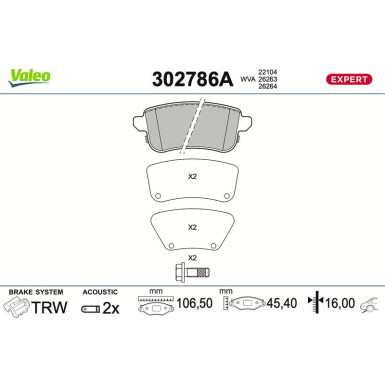 Valeo | Bremsbelagsatz, Scheibenbremse | 302786A Valeo | Bremsbelagsatz, Scheibenbremse | 302786A
