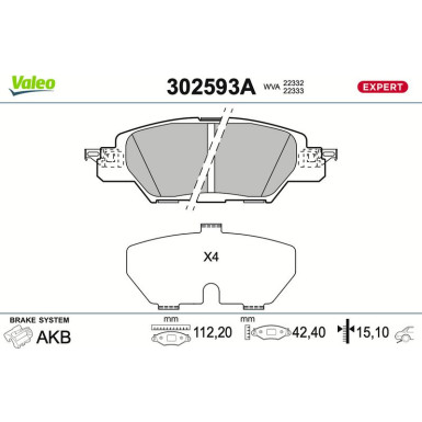 Valeo Bremsbelagsatz, Scheibenbremse EXPERT 302593A