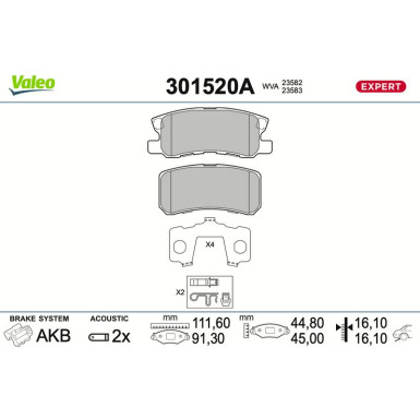 Valeo Bremsbelagsatz, Scheibenbremse EXPERT 301520A