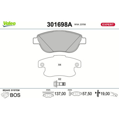 Valeo Bremsbelagsatz, Scheibenbremse EXPERT 301698A