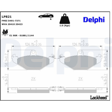 Delphi | Bremsbelagsatz, Scheibenbremse | LP821