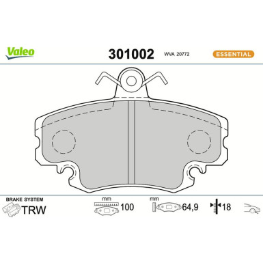 Valeo Bremsbelagsatz, Scheibenbremse ESSENTIAL 301002