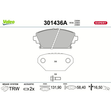Valeo Bremsbelagsatz, Scheibenbremse EXPERT 301436A