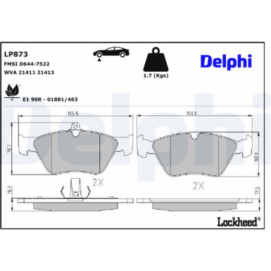 Delphi | Bremsbelagsatz, Scheibenbremse | LP873 Delphi | Bremsbelagsatz, Scheibenbremse | LP873