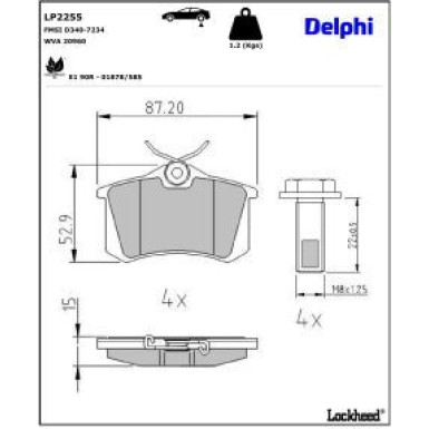 Delphi Bremsbelagsatz, Scheibenbremse LP2255 Delphi Bremsbelagsatz, Scheibenbremse LP2255
