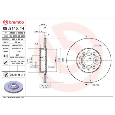 09.9145.11 Bremsscheibe PRIME LINE - UV Coated
