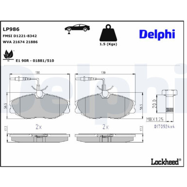 Delphi | Bremsbelagsatz, Scheibenbremse | LP986