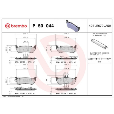 P 50 044 Bremsbelagsatz, Scheibenbremse PRIME LINE
