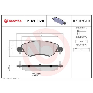 Brembo Bremsbelagsatz, Scheibenbremse PRIME LINE P 61 070
