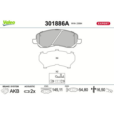 Valeo Bremsbelagsatz, Scheibenbremse EXPERT 301886A