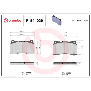 Brembo | Bremsbelagsatz, Scheibenbremse | P 54 039