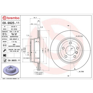 09.9925.11 Bremsscheibe PRIME LINE - UV Coated
