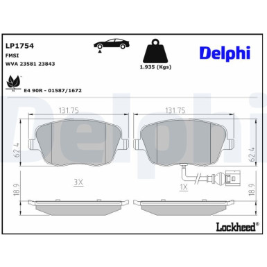 Delphi | Bremsbelagsatz, Scheibenbremse | LP1754