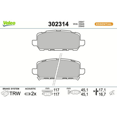 Valeo | Bremsbelagsatz, Scheibenbremse | 302314