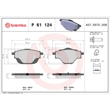 Brembo | Bremsbelagsatz, Scheibenbremse | P 61 124