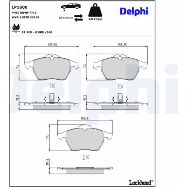 Delphi | Bremsbelagsatz, Scheibenbremse | LP1600