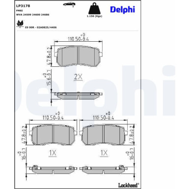 Delphi | Bremsbelagsatz, Scheibenbremse | LP3178