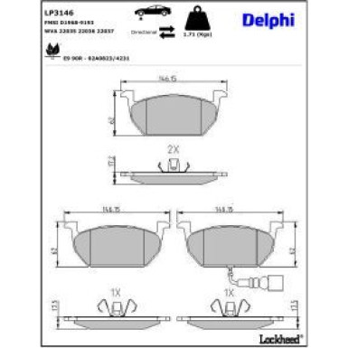 Delphi Bremsbelagsatz, Scheibenbremse LP3146