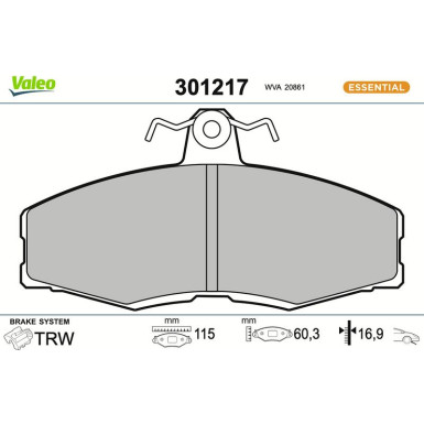 Valeo Bremsbelagsatz, Scheibenbremse ESSENTIAL 301217