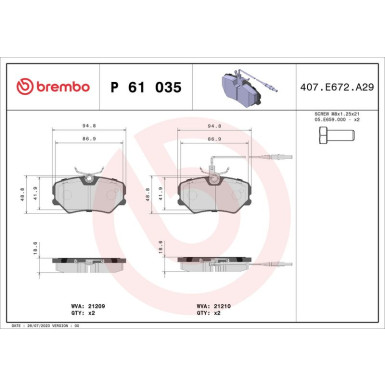 Brembo | Bremsbelagsatz, Scheibenbremse | P 61 035