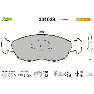 Valeo Bremsbelagsatz, Scheibenbremse ESSENTIAL 301038