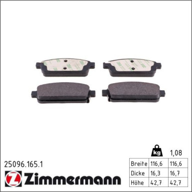 Zimmermann Bremsbelagsatz, Scheibenbremse 25096.165.1