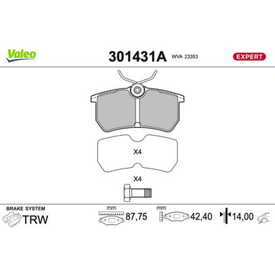 Valeo | Bremsbelagsatz, Scheibenbremse | 301431A