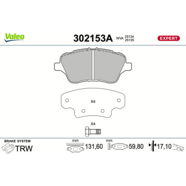 Valeo Bremsbelagsatz, Scheibenbremse EXPERT 302153A