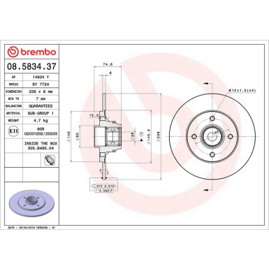 Brembo Bremsscheibe PRIME LINE - With Bearing Kit 08.5834.37