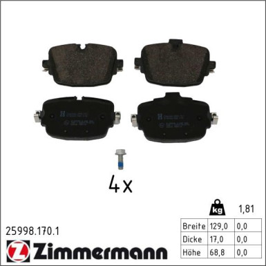 Zimmermann Bremsbelagsatz, Scheibenbremse 25998.170.1 Zimmermann Bremsbelagsatz, Scheibenbremse 25998.170.1