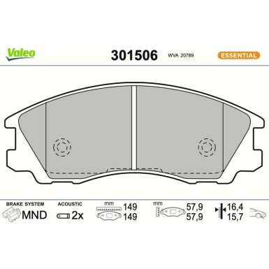 Valeo Bremsbelagsatz, Scheibenbremse ESSENTIAL 301506