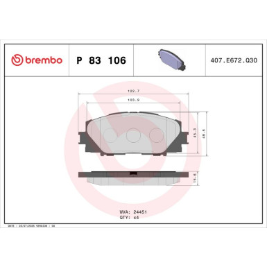 Brembo | Bremsbelagsatz, Scheibenbremse | P 83 106