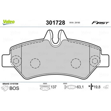 VALEO 301728 Bremsbeläge FIRST, Hinten ohne Verschleißwarnkontakt