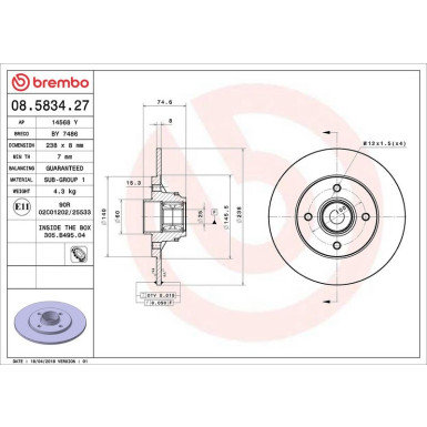 08.5834.27 Bremsscheibe PRIME LINE - With Bearing Kit