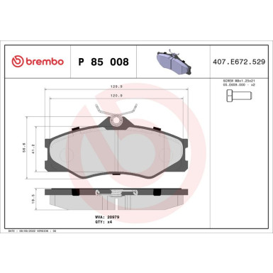 Brembo | Bremsbelagsatz, Scheibenbremse | P 85 008