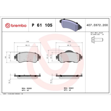 Brembo Bremsbelagsatz, Scheibenbremse PRIME LINE P 61 105