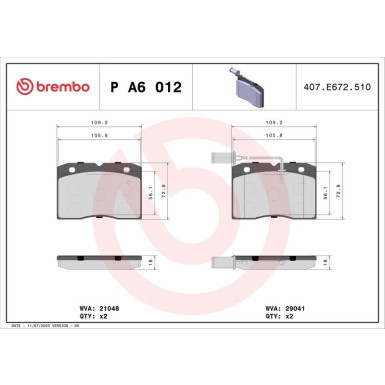 Brembo | Bremsbelagsatz, Scheibenbremse | P A6 012