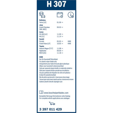 BOSCH H 307 Scheibenwischer Rear 3 397 011 429 BOSCH H 307 Scheibenwischer Rear 3 397 011 429