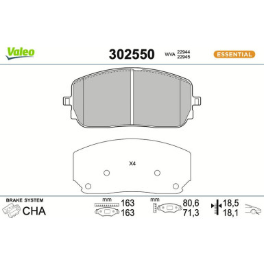 Valeo Bremsbelagsatz, Scheibenbremse ESSENTIAL 302550