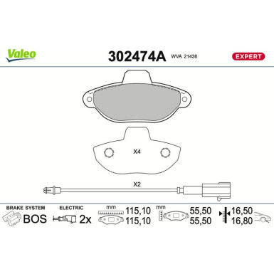 Valeo Bremsbelagsatz, Scheibenbremse EXPERT 302474A
