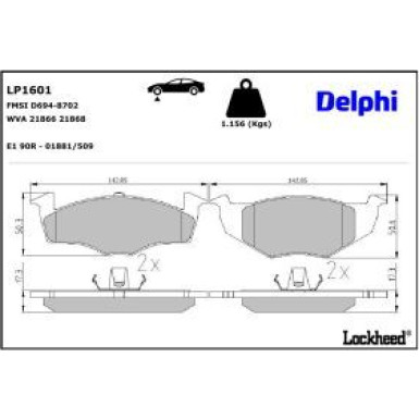 Delphi Bremsbelagsatz, Scheibenbremse LP1601 Delphi Bremsbelagsatz, Scheibenbremse LP1601