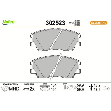 Valeo Bremsbelagsatz, Scheibenbremse ESSENTIAL 302523