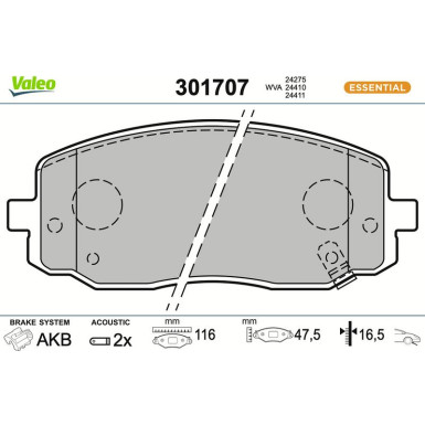 Valeo Bremsbelagsatz, Scheibenbremse ESSENTIAL 301707