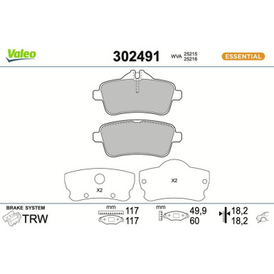 Valeo Bremsbelagsatz, Scheibenbremse ESSENTIAL 302491