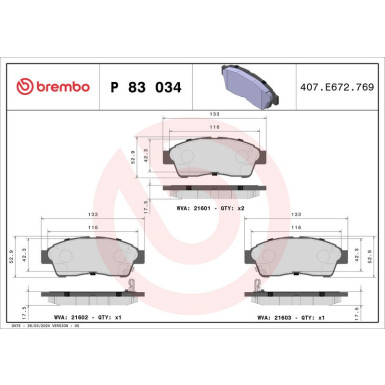 Brembo | Bremsbelagsatz, Scheibenbremse | P 83 034