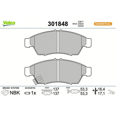 Valeo Bremsbelagsatz, Scheibenbremse ESSENTIAL 301848