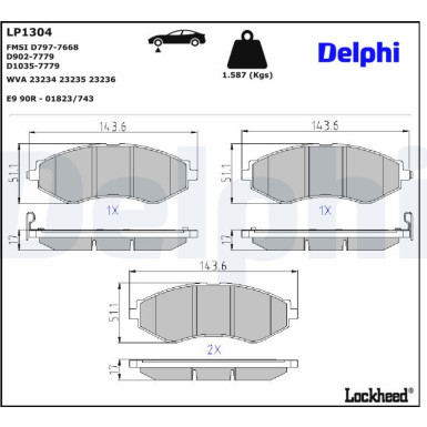 Delphi | Bremsbelagsatz, Scheibenbremse | LP1304