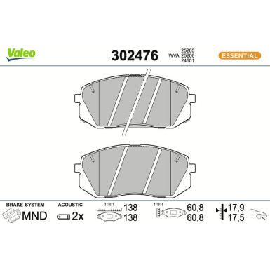 Valeo Bremsbelagsatz, Scheibenbremse ESSENTIAL 302476