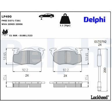 Delphi | Bremsbelagsatz, Scheibenbremse | LP490