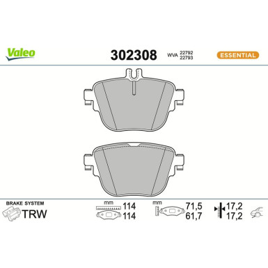 Valeo Bremsbelagsatz, Scheibenbremse ESSENTIAL 302308